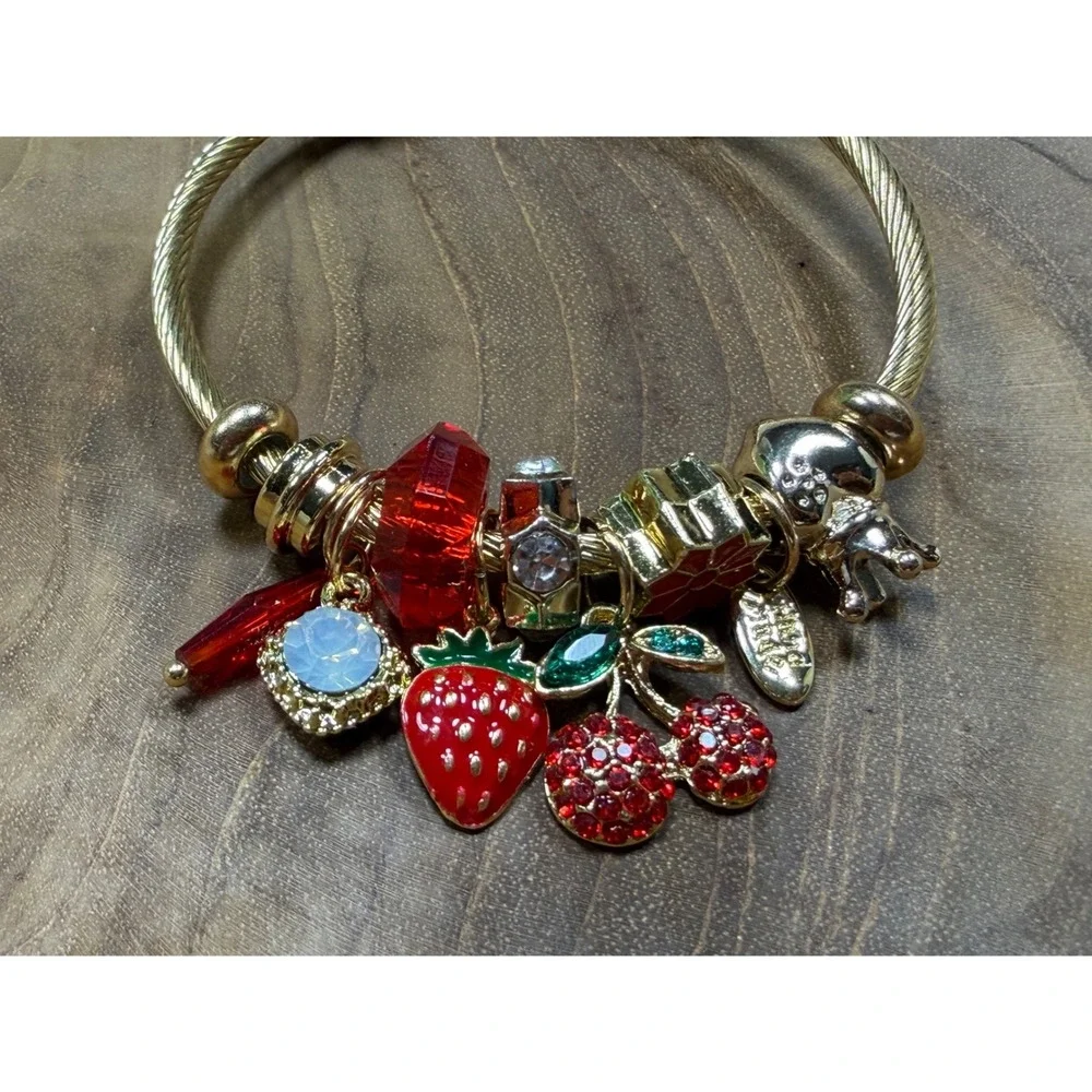 Gold Tone Fruit Charm Bangle Bracelet Strawberry Cherry Red‎ Crystal Adjustable
